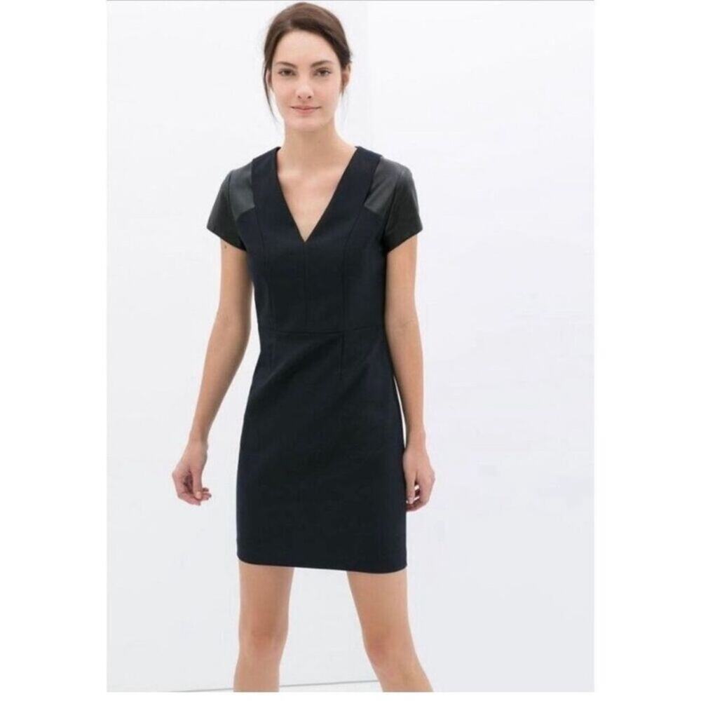 Zara | V-neck with Faux Leather Sleeve Dress Size S
